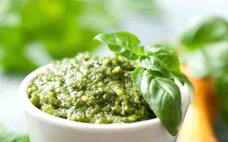 spinach pesto with almonds and feta